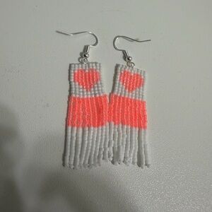 NEW Handmade Pink and White Beaded Heart Fringe Earrings